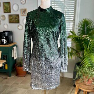NWT Ricarica Emerald Green & Silver Ombre Sequin Mini Dress Sz L
